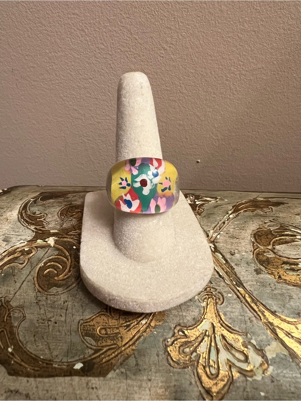 Bright Floral Handpainted Dome Ring Size 6